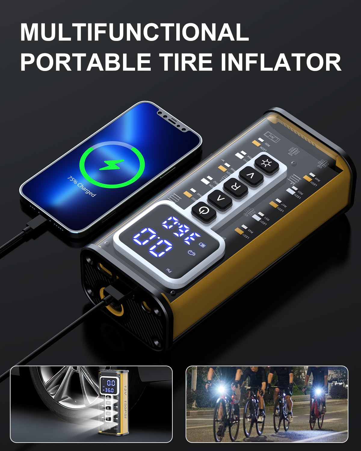 Tire Inflator Portable Air Compressor, 20000Mah Air Pump For Car Tires, 150Psi Tire Infltor, 12V Dual Power Supply,Tire Pressure