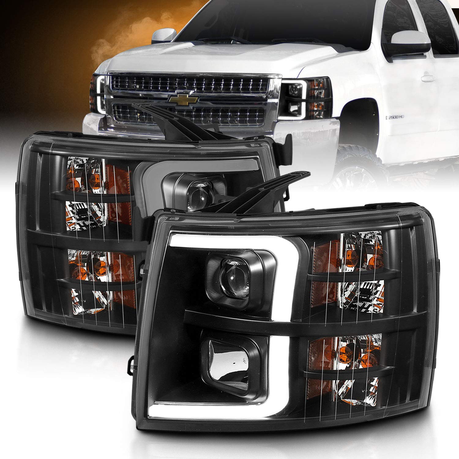 Amerilite For 2007-2013 Chevy Silverado 1500/07-14 2500Hd 3500Hd Led, Halogen, Tube Quad Projector Car Headlights Assembly Set -