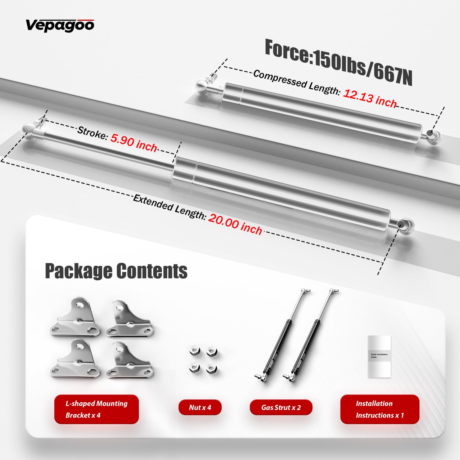 Vepagoo 20 Inch 150Lb/667N Stainless Steel Gas Struts Shock For Boat Hatch, Marine Spring Prop Lift Support With Brackets For Rv