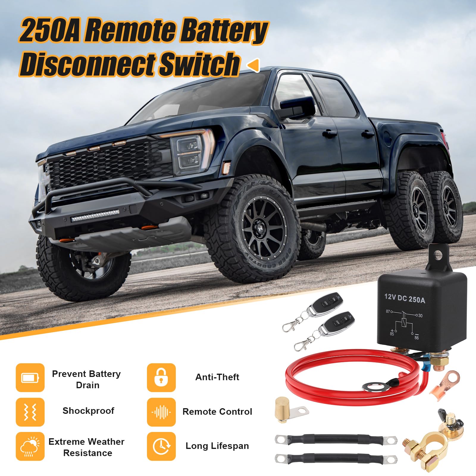 2G 250A Remote Battery Disconnect Switch & 5 Awg Battery Cables, Dc12V Top Post Negative Battery Kill Switch For Car Rv Truck Wi