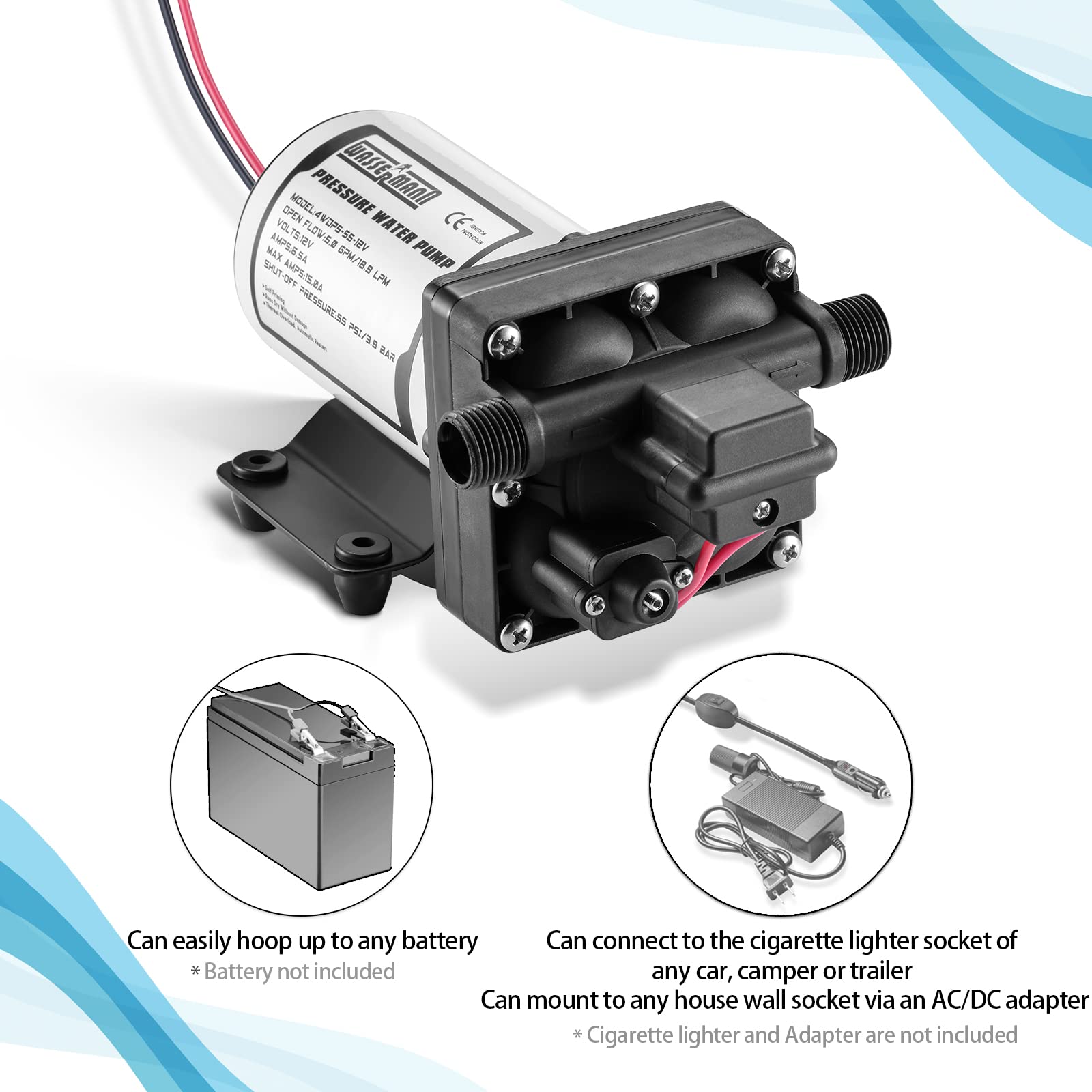 Wassermann Rv Water Pump 12V Dc, Self Priming Diaphragm Pump 5.0 Gpm 55 Psi, Water Pressure Pump With Pressure Switch, For Rv Ma