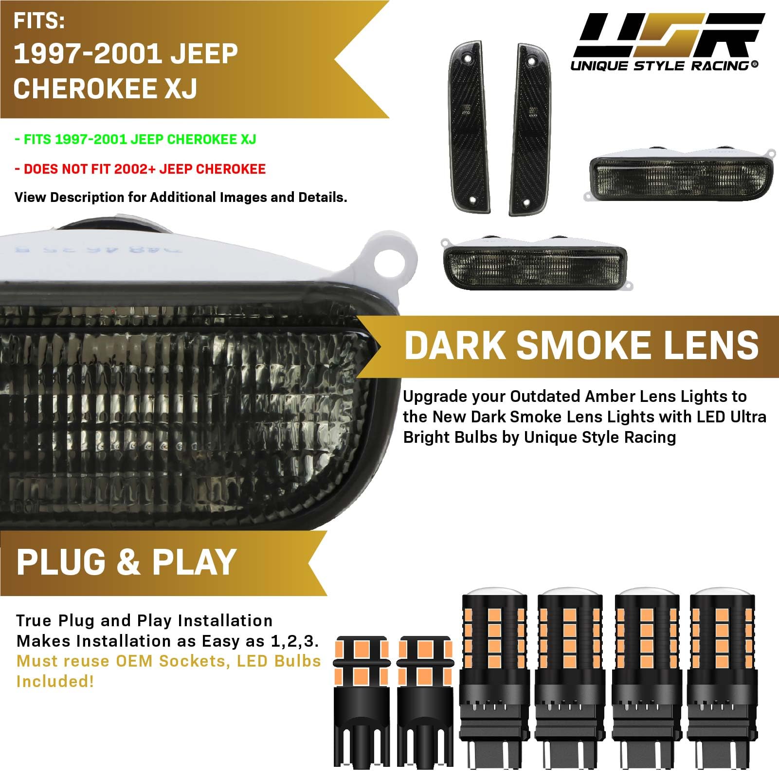 USR UNIQUE STYLE RACING 4PC Smoke Lens Set with CANBUS LEDs for 97-01 Jeep Cherokee XJ - Corner & Turn Signal Lights with Amber Bulbs