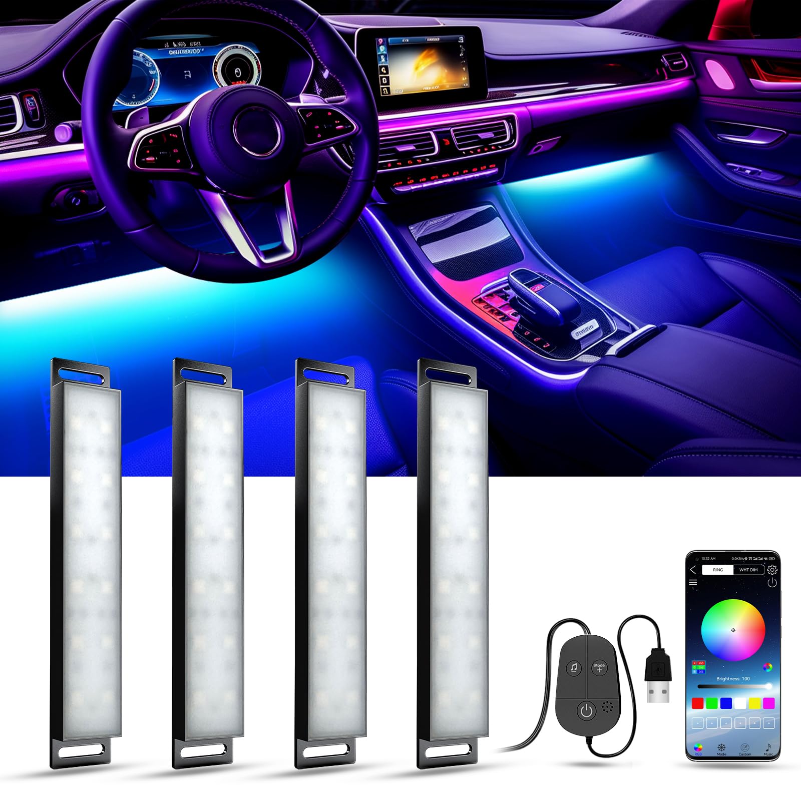 Yilaie Car Lights Interior, Multcolor Neon Light For Car With App Control And Button Control, Music Sync 4Pcs Usb Under Dash Lig