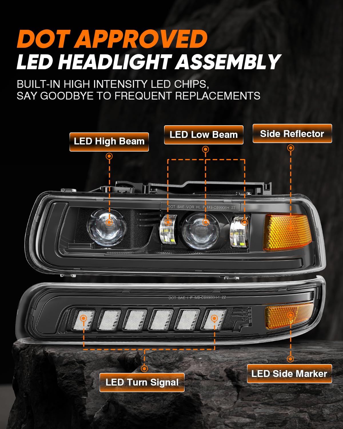 Led Headlights Assembly With Hi/Low Beam Turn Signal Lights Bulbs Compatible With 1999-2002 Chevy Silverado 1500 2500 3500, 2000