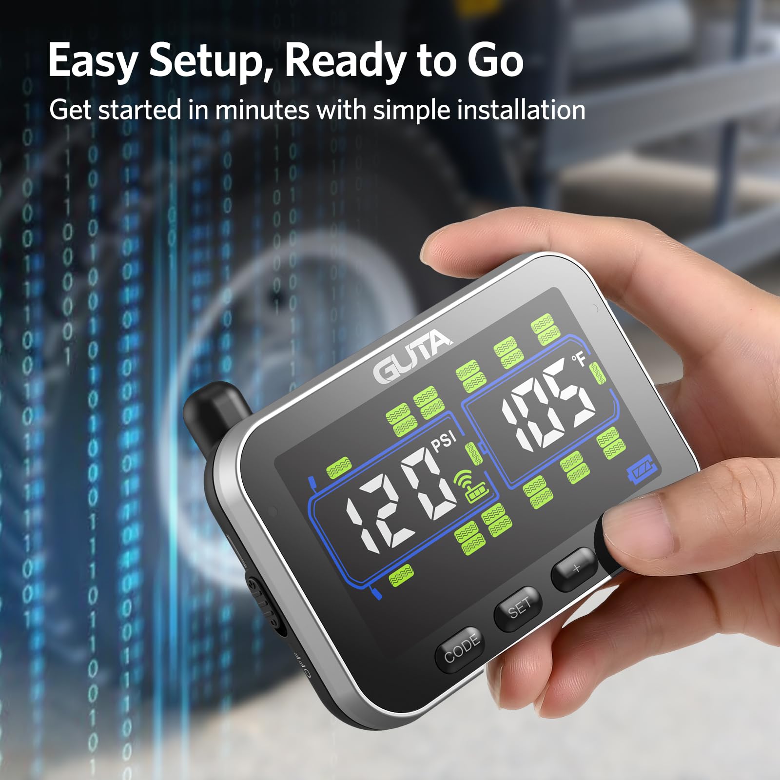 GUTA Trailer Tire Pressure Monitoring System, RV Tire Pressure Monitor with 4 Sensors, 6 Alert Modes, Power Saving Mode, Large C