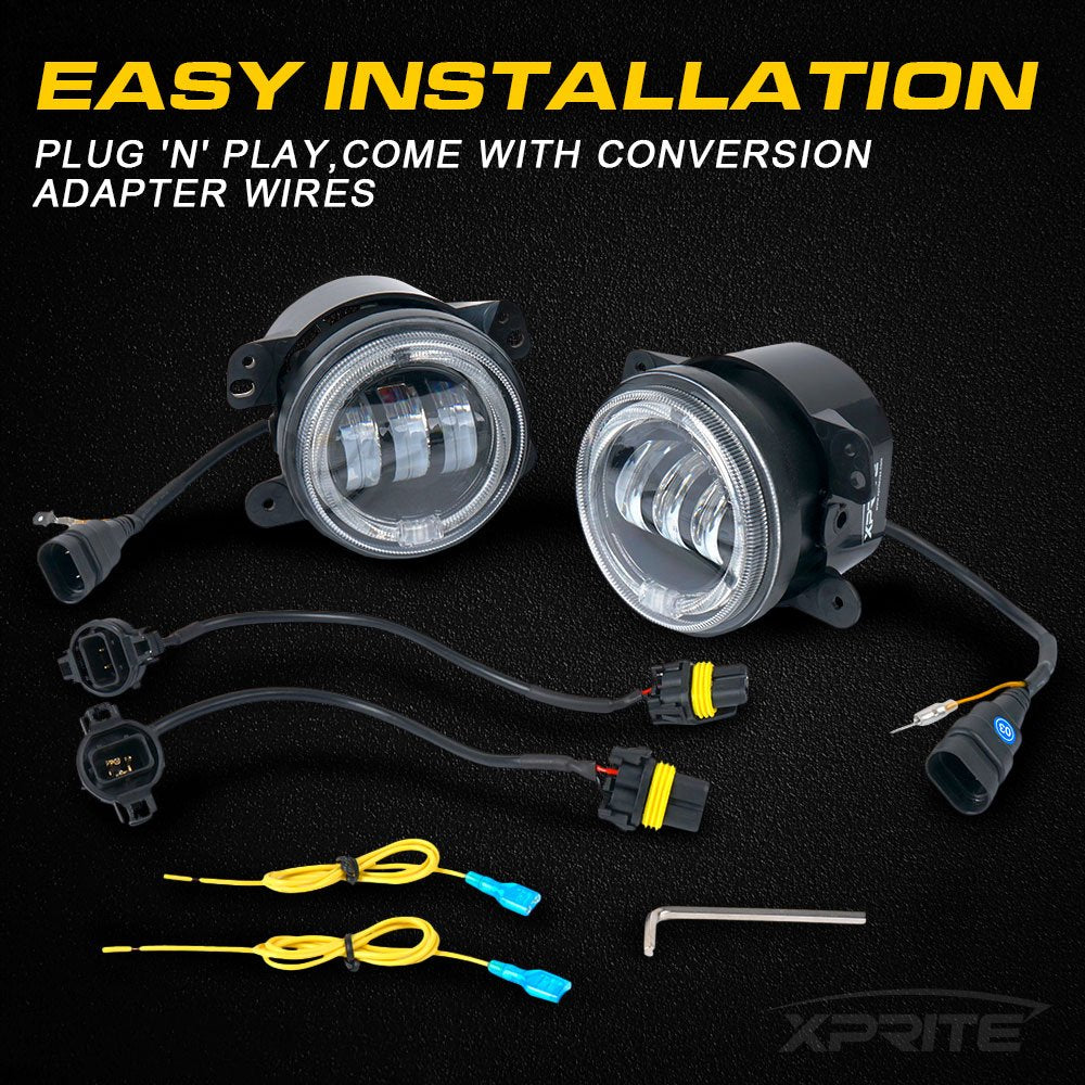 Xprite Fog Lights w/Red Halo Ring Angle Eye DRL, 4 Inch Foglights Compatible with 07-18 Jeep Wrangler JK, 60W LED Front Bumper R