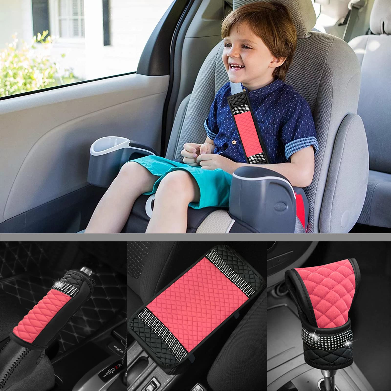 Jingsen 11 Pcs Bling Rhinestones Leather Car Accessories Set,Bling Steering Wheel Cover For Women,Center Console Armrest Pad Belt Cover Handbrake Gear Cover Coasters Full Set For Car Suv