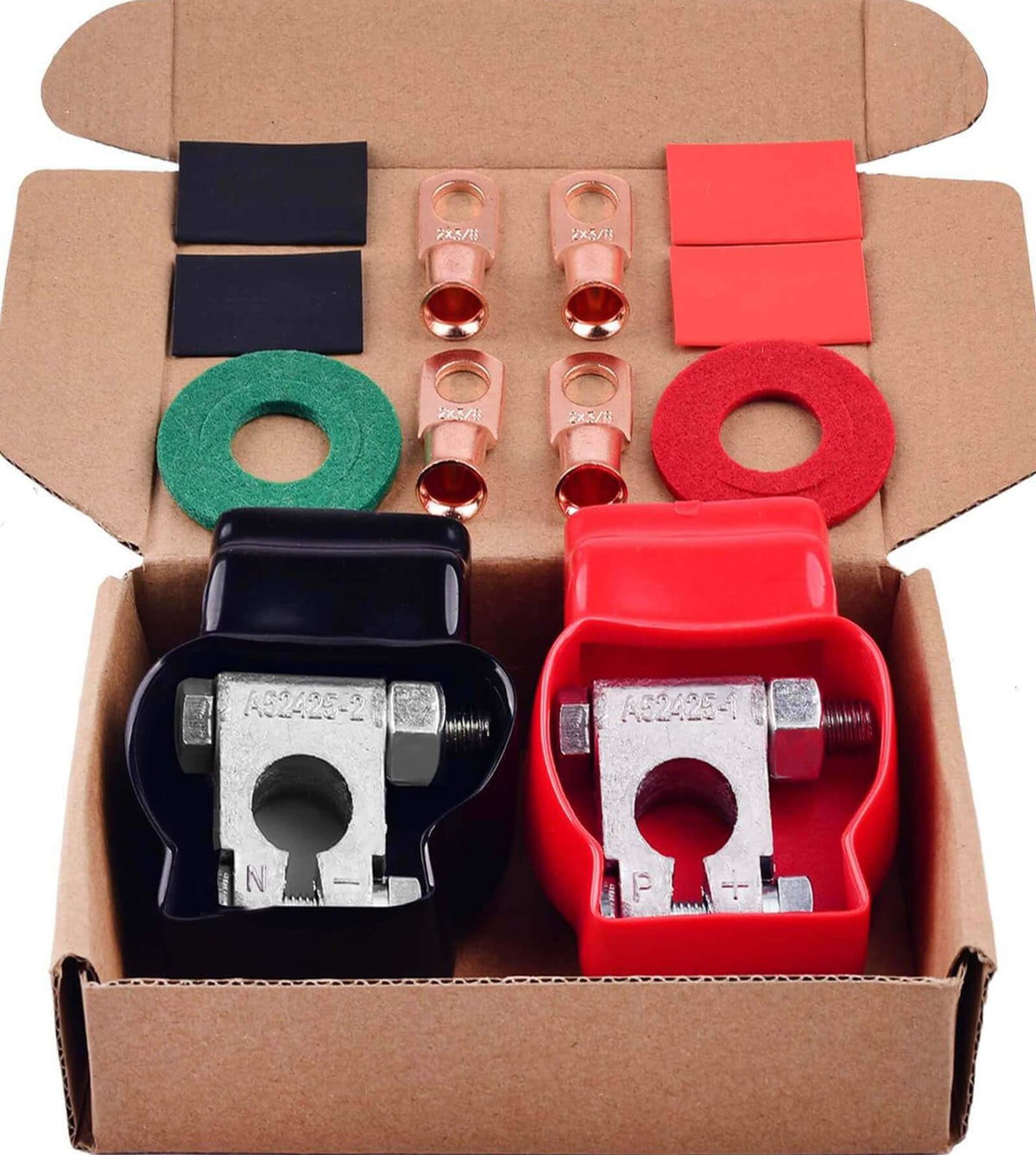 Sunmorn Battery Terminals, Top Post Battery Terminal Connectors, Heavy Duty Auto Car Marine Battery Terminal, With 2 Cover And Anti Corrosion Washers, 4 Pcs 2 Gauge 3/8' Copper Lugs, 4 Heatshrink