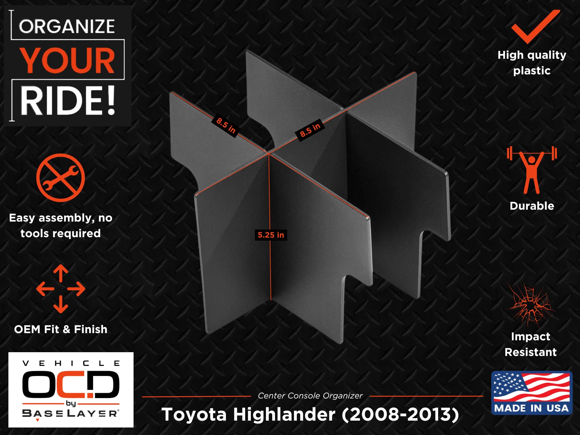Vehicle Ocd - Center Console Organizer For Toyota Highlander (2008-2013) - Made In Usa - Slx116