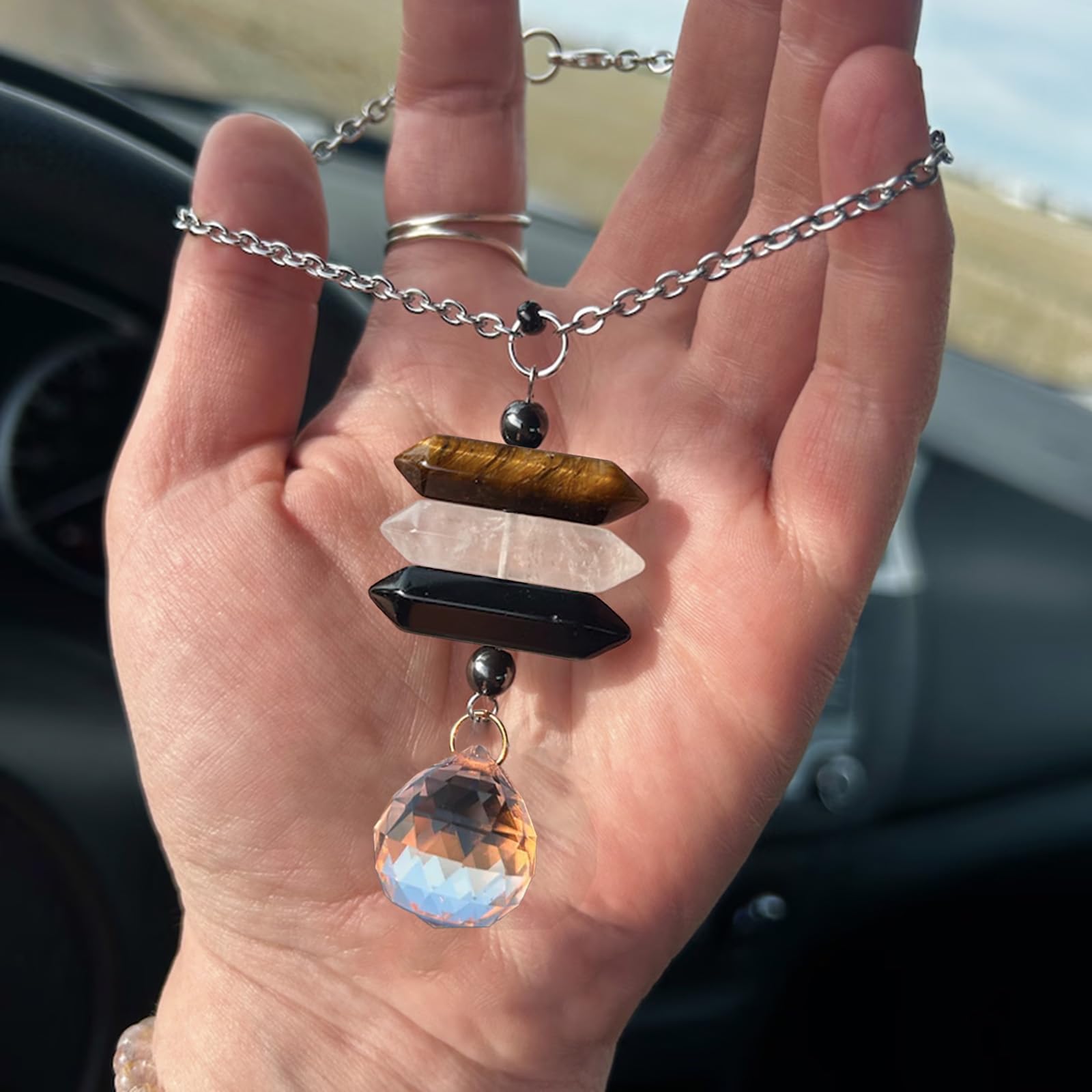 Crystal Hanging Car Charm,Cute Healing Stones Car Decor For Rear View Mirror,Boho Handmade Sun Catcher Ornament Accessories,Tige