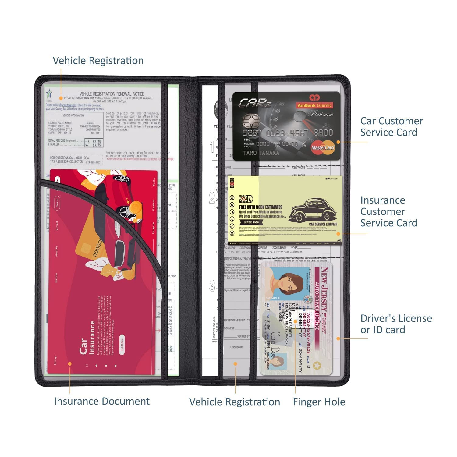 HOURUNTALL Leather Car Accessories Holder, Black Magnetic Wallet for Registration & Insurance, M Size, Glove Box Organizer for Auto, Truck, Motorcycle