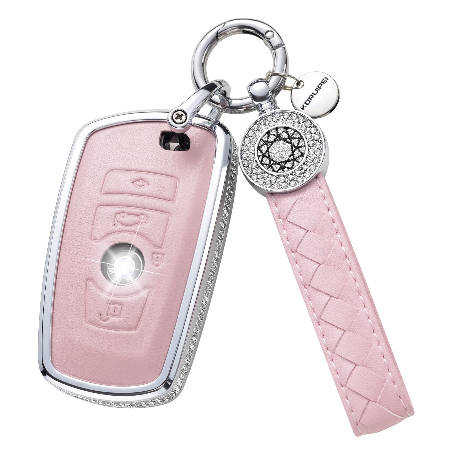 Ruabiban For Bmw Key Fob Cover With Keychain, Pink Genuine Leather Crystal Key Case Protection Shell Compatible With Bmw 1 3 4 5