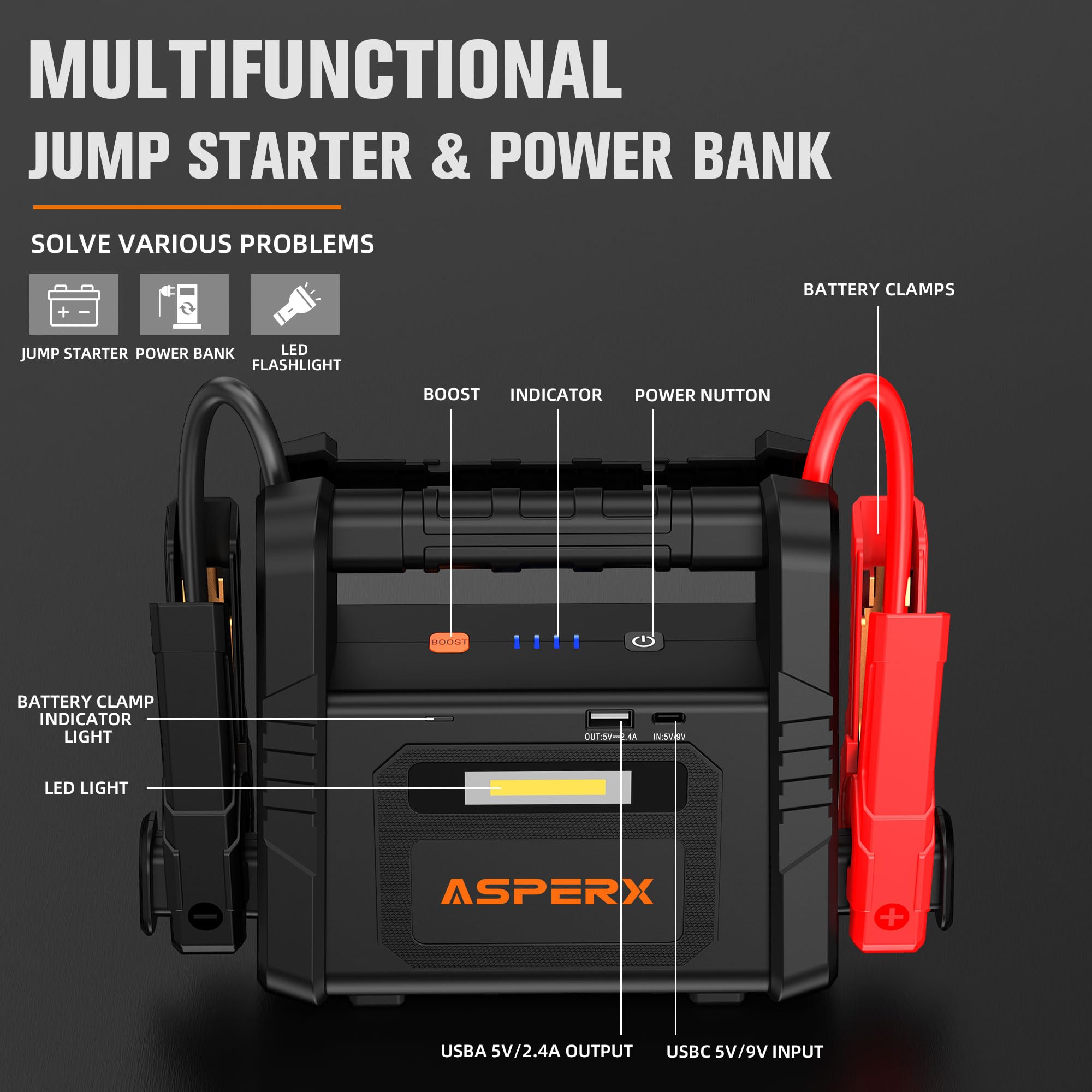 Asperx 6000A Car Jump Starter, Battery Jumper Starter Portable For 12V Vehicles (For All Gas Or Up To 12L Diesel) - Car Battery