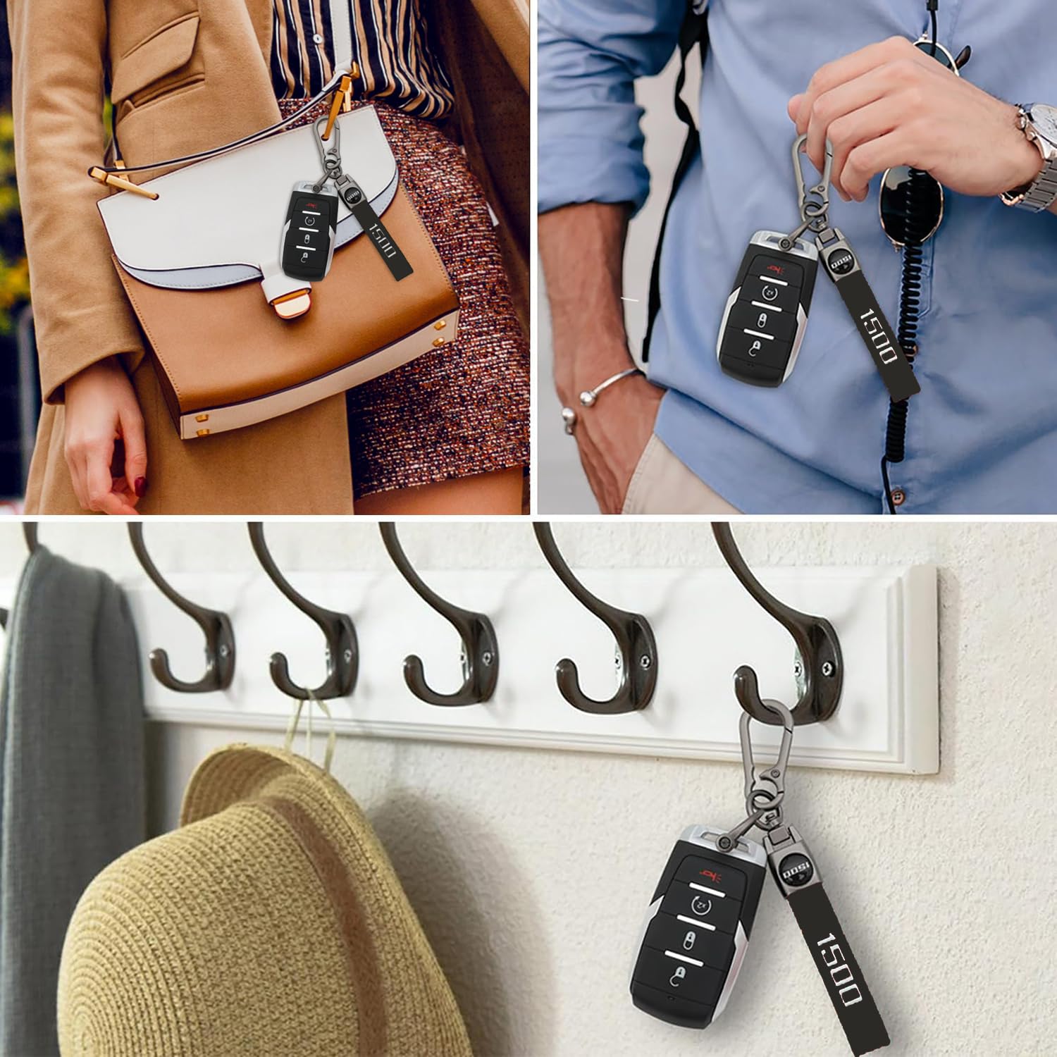 LINOAH Key Chain for Ram 1500 Leather Car Keychain, Compatiable With Dodge Ram 1500 Accessories, Black Key Chain with 360 Degree