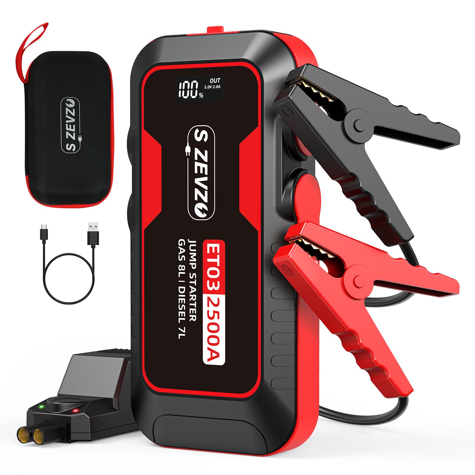 S ZEVZO ET03 Car Jump Starter 2500A Jump Starter Battery Pack for Up to 8.0L Gas and 7.0L Diesel Engines, 74Wh Portable 12V Jump