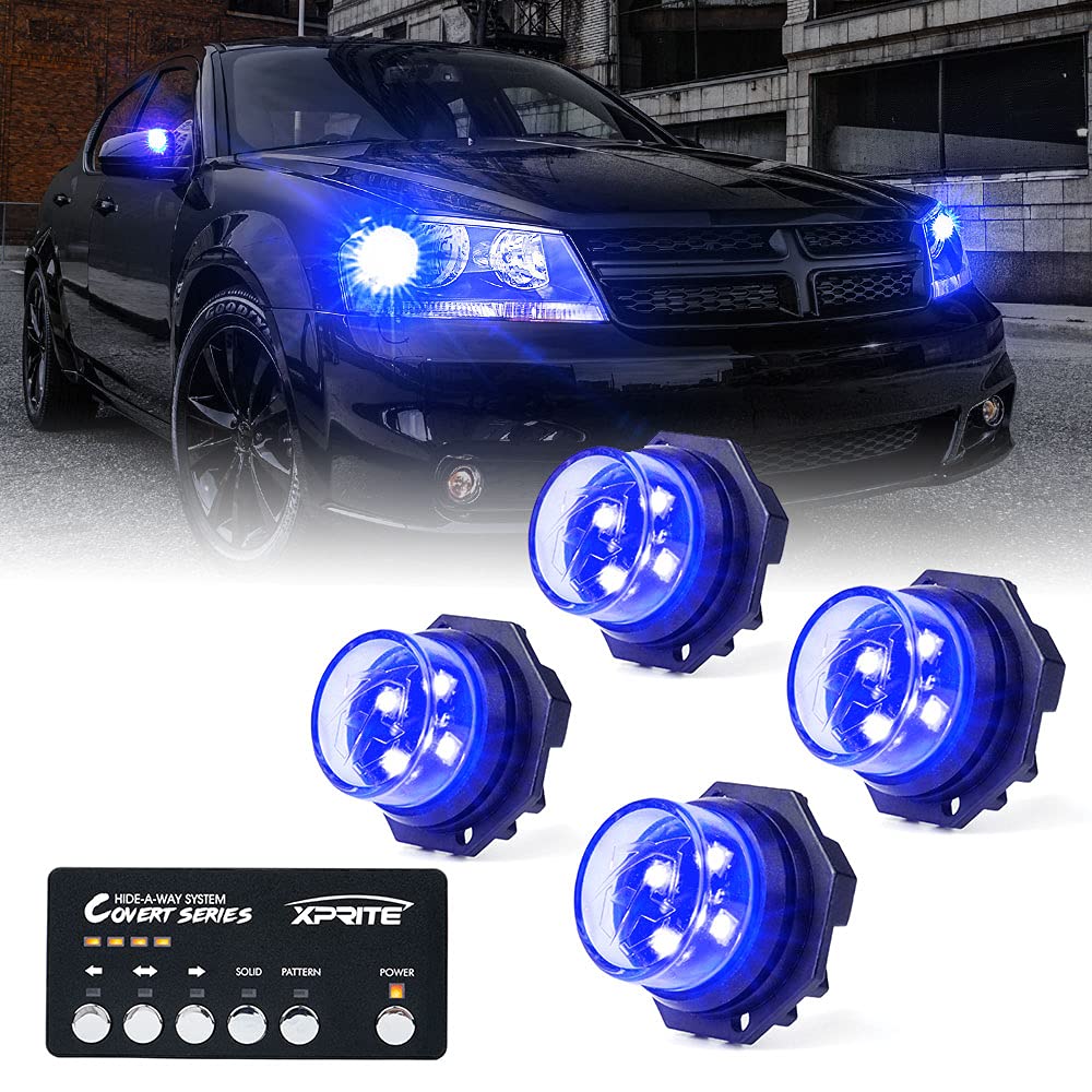 Xprite Blue Led Hideaway Strobe Police Lights Kit, 20 Flashing Patterns W/Control Panel For Headlights Taillights Hazard Warning