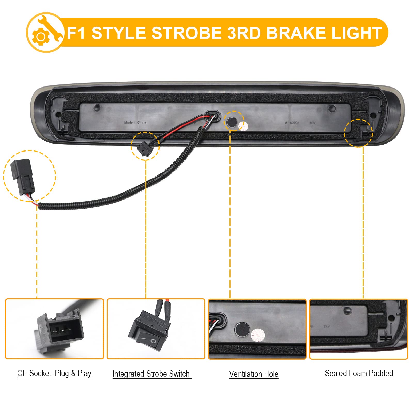 R&F Auto Smoked Lens F1 Style Strobe Led Third Brake Light Compatible With Silverado/Sierra 1500 2500Hd 3500Hd (2007-2013) Roof Cargo Lights Pickup Truck High Mount Stop Lamp, Replace Oem# 25890530