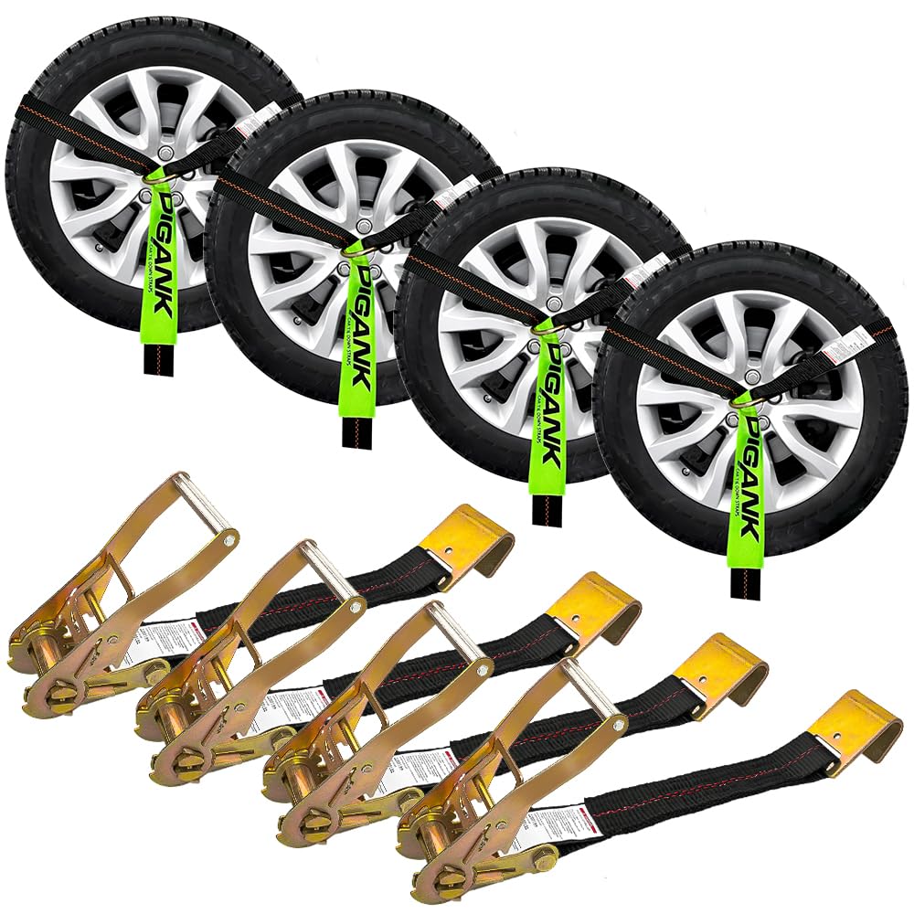 Wheel Tie Down Straps (4PK) - 2'' X 96'' Webbing with Flat Hooks for Easy Tire Hauling on Trailers, Cars, SUVs, and Sports Vehic