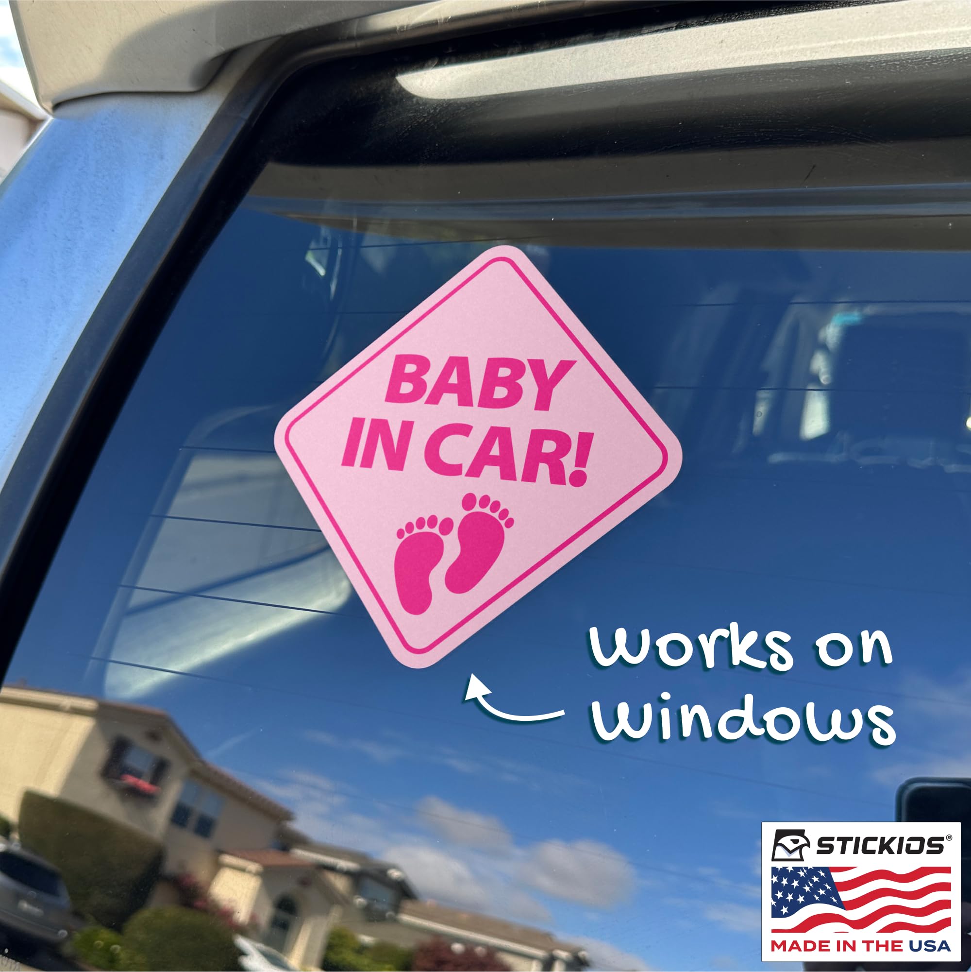 Stickios Baby On Board Stickers - Removable Non-Magnetic Paint-Safe Signs For Cars & Windows - Made In Usa - Baby Girl Footprint