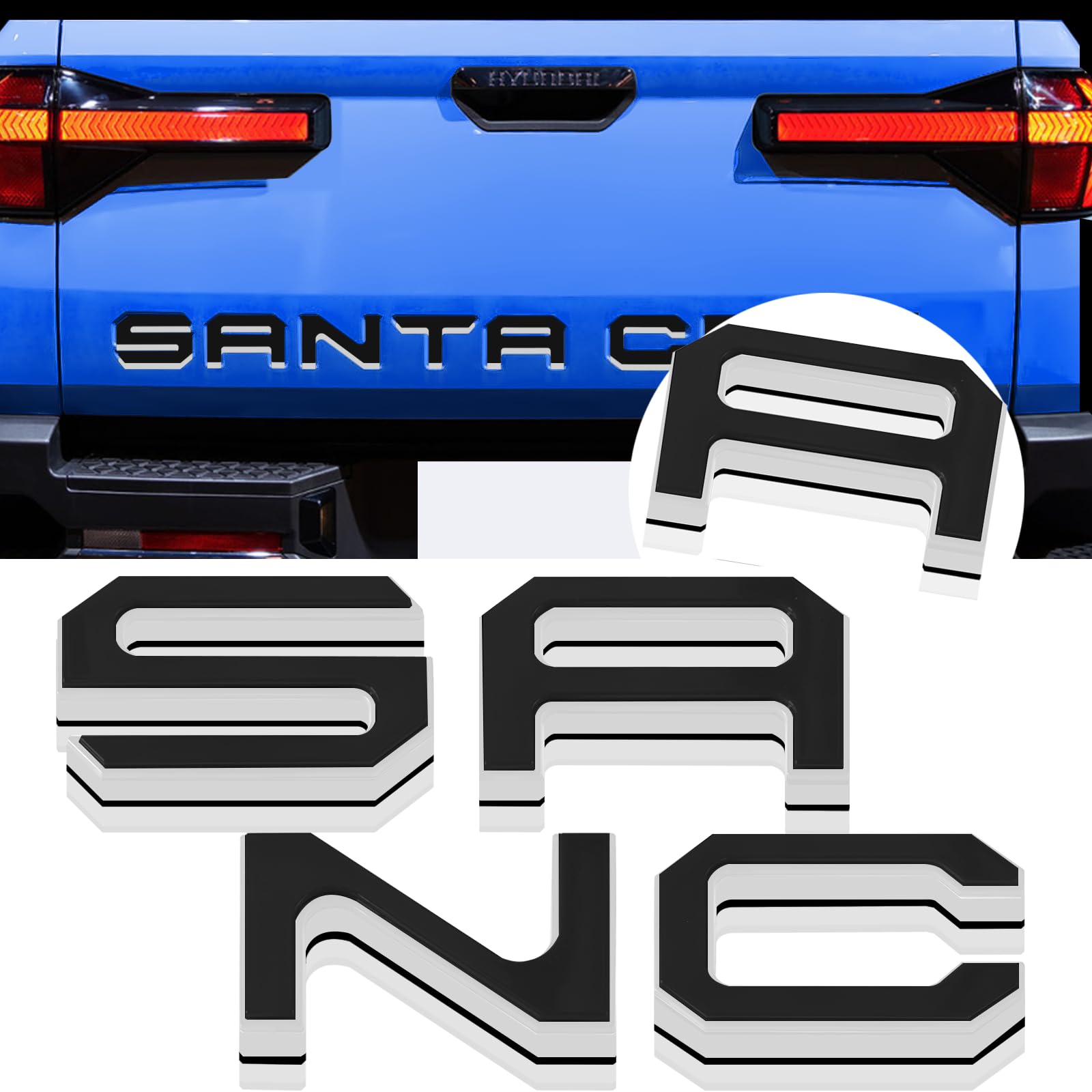 Tailgate Insert Letters Compatible For 2022 2023 2024 2025 Santa Cruz 4D Raised Tailgate Decal Letters (Double Layer Silver Edge