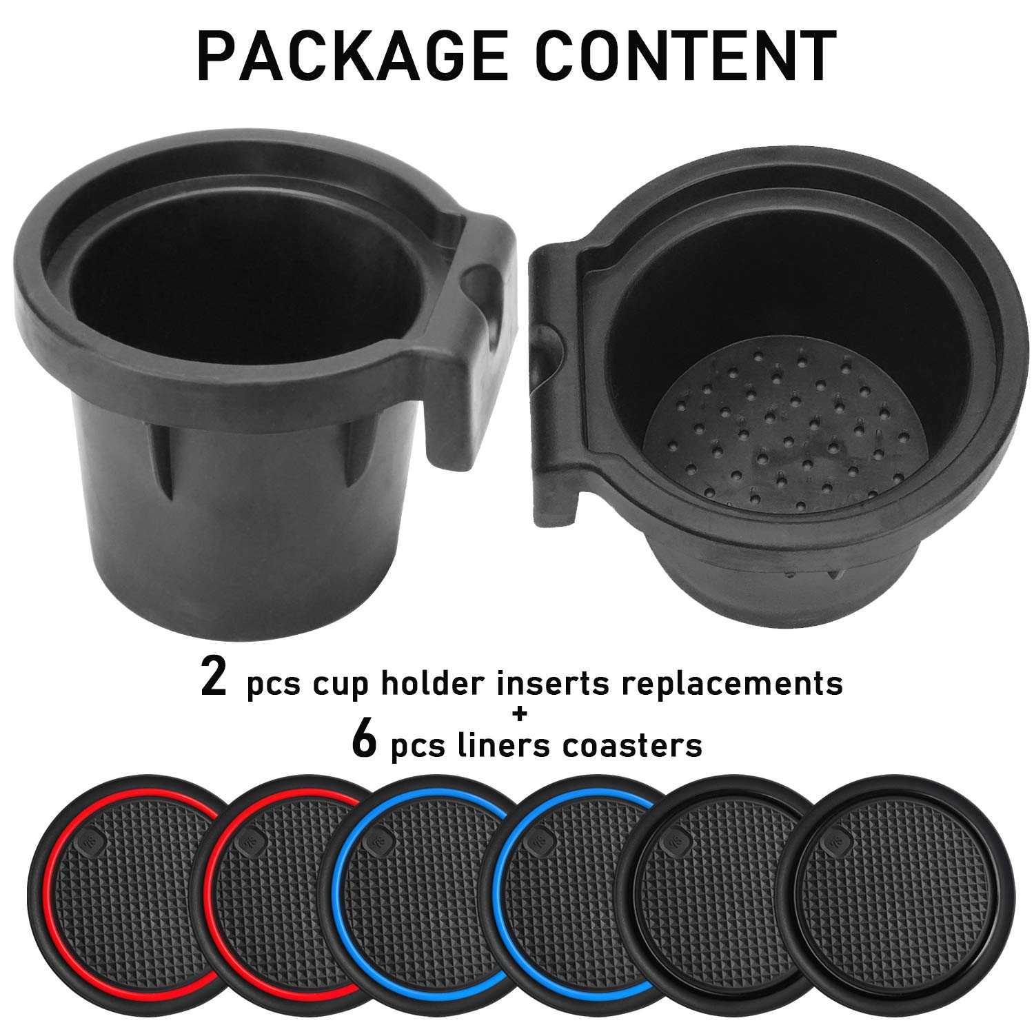 Auovo 2 Pcs Cup Holder Inserts Replacement For Frontier 2005-2019 Xterra 05-15 Pathfinder 05-12 Replace 96975-Ea000 96975-Zs00A(With 3 Pairs Of Tpe Coasters In Red Blue All Black)