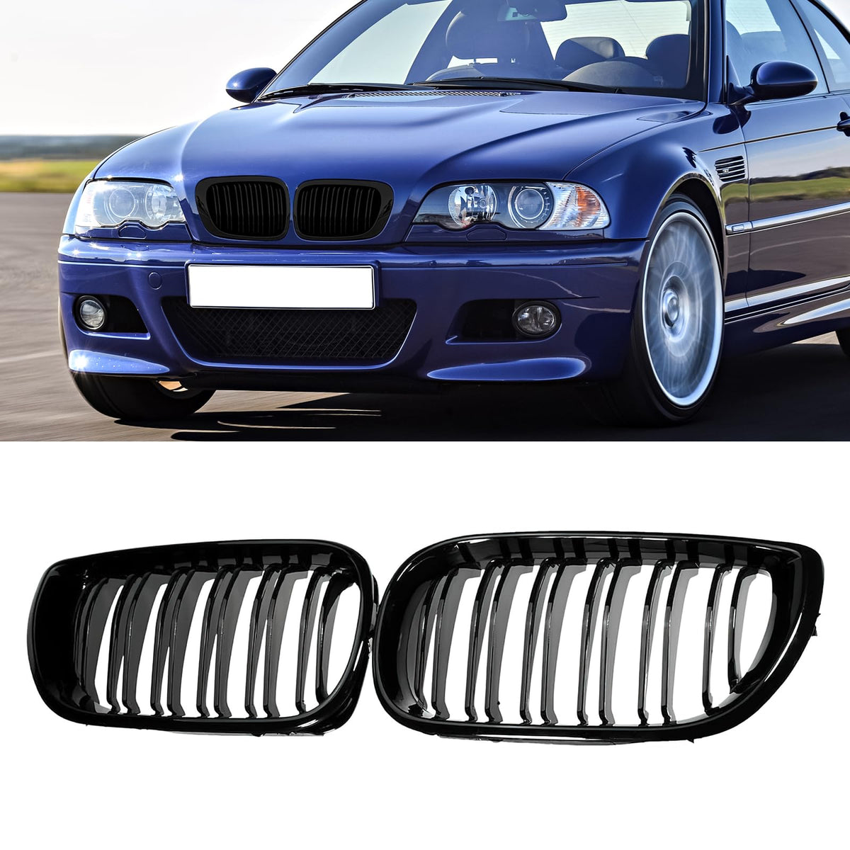 AceRide Grille Front Bumper Kidney Grill Compatible with BMW 3 Series 2001 2002 2003 2004 2005 E46 4 Door Double Slats Gloss Bla