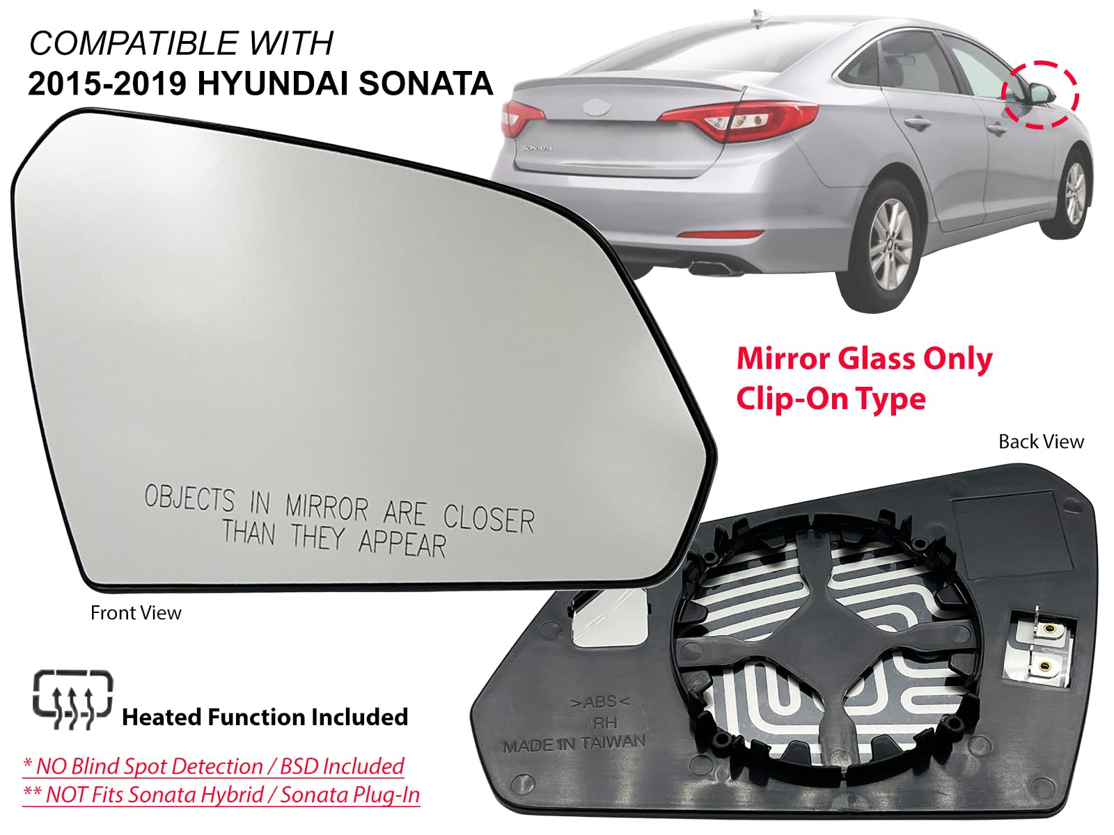 Apa Replacement Exterior Rear View Mirror Glass Heated Fits 2015-2019 Sonata Passenger Right Side Hy1325104 87611C2000