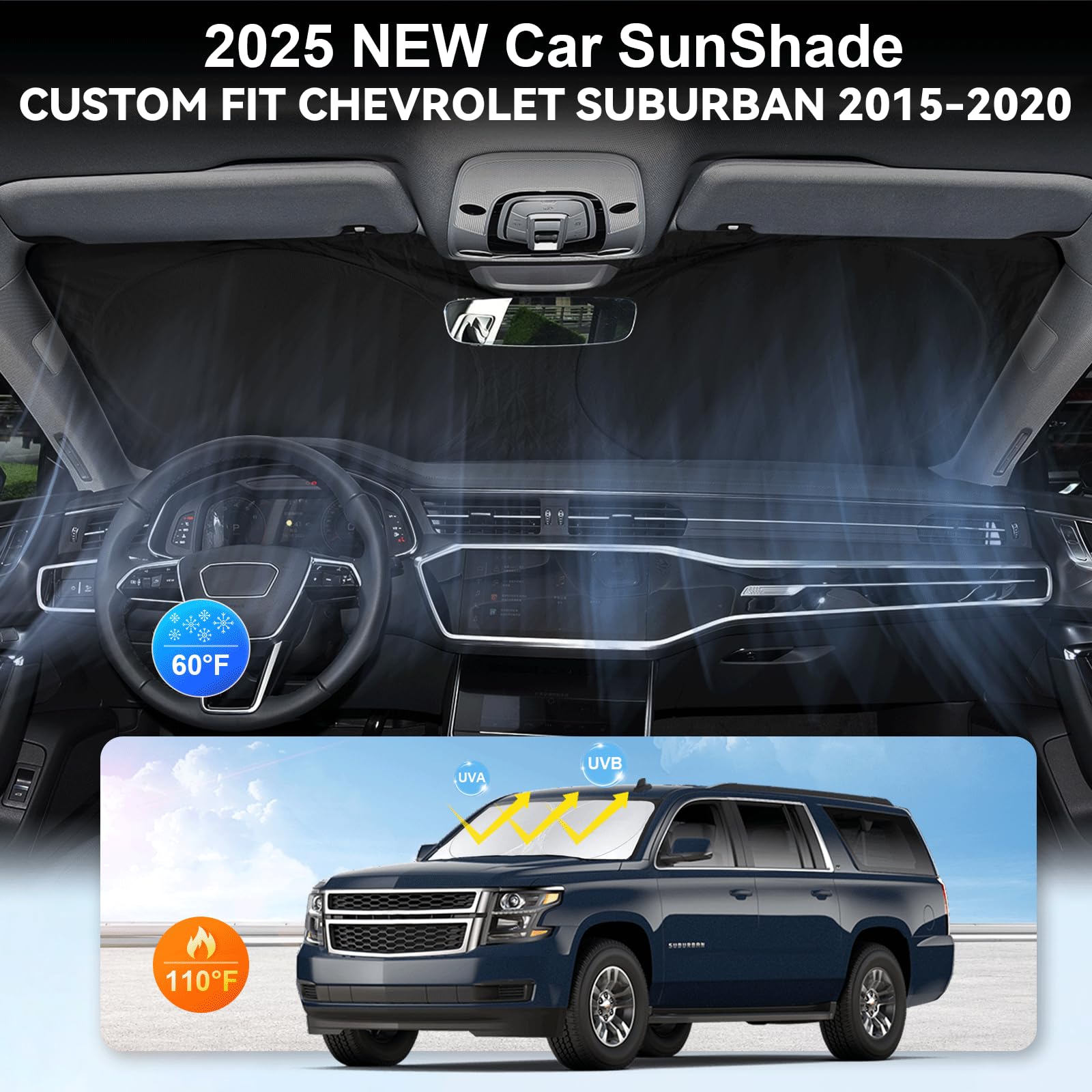 Sunshade For Suburban Windshield Sun Shade Custom Fit 2015-2020 Chevy Chevrolet Suburban Accessories Foldable Front Window Shiel