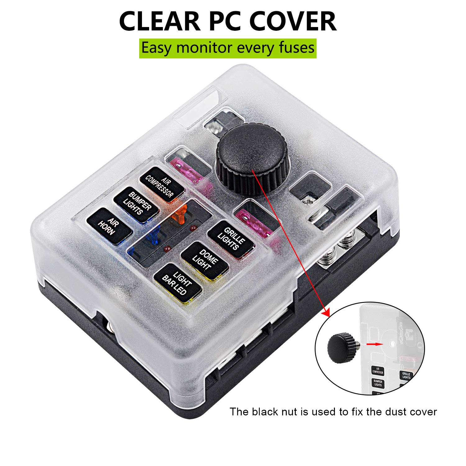 6 Way Fuse Block W/Negative Bus - Atc/Ato 6 Circuit Fuse Box With Ground, With Negative Bus & Protection Cover, Bolt Connect Ter