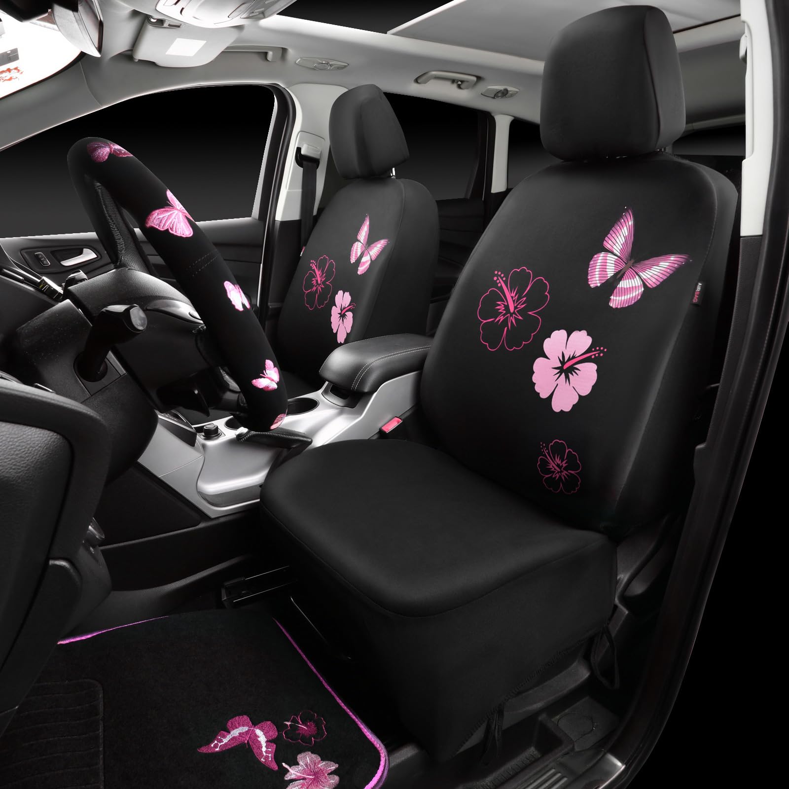 Car Pass Universal Cloth Butterfly Car Seat Covers Full Set, Embroidered Flower Waterproof Car Floor Mats Carpet, Butterflies St