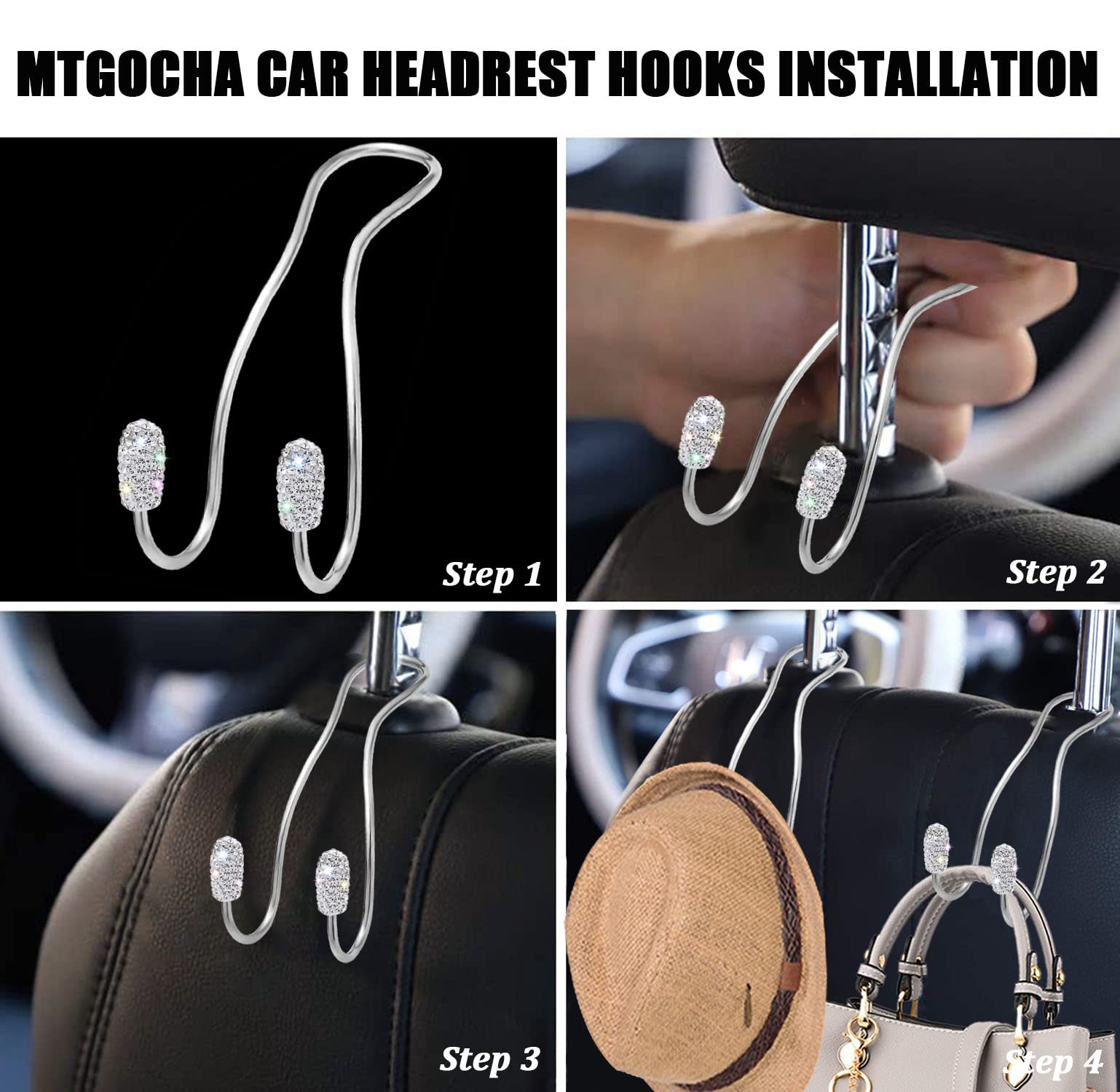 Mtgocha Car Bag Hooks, Cute Rhinestone Car Seat Hooks Hanger, Universal Car Headrest Hook For Purse Bag Metal Car Purse Holder H