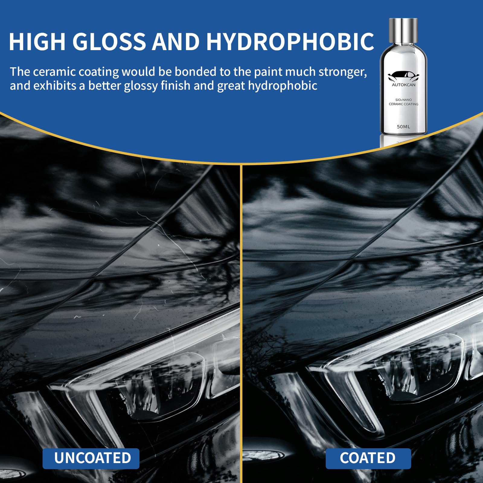 Autokcan Nano Ceramic Coating For Cars, 10H High Gloss 50Ml Anti-Scratch Sio2 Ceramic Coating Super Hydrophobic Mirror Paint Sealant Protection With Gloves 2 Years Warranty