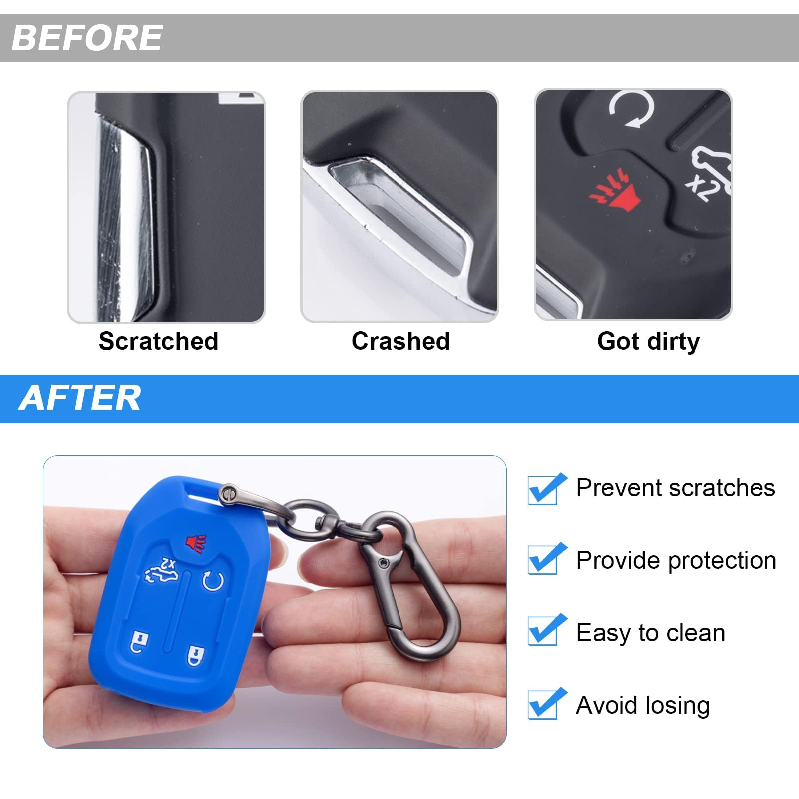 Pimcar Remote Silicone Protector Smart 5-Button Key Fob Case Cover Compatible With 2019-2023 Chevy Silverado And Gmc Sierra 1500 2500Hd 3500Hd Accessories (Blue & Black With White Button, 2Pcs)