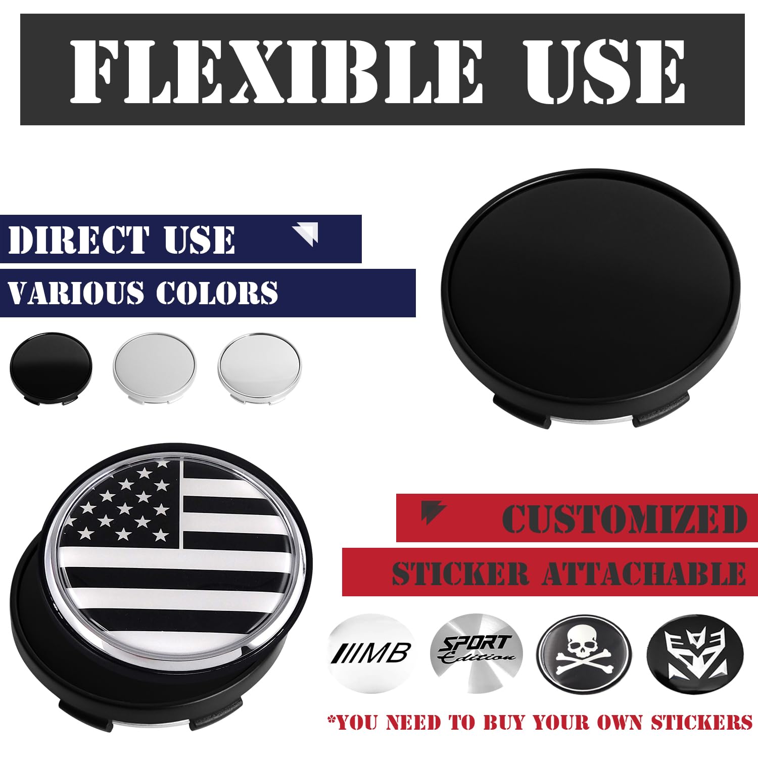 KitsPro 2.2 Inch Wheel Center Caps, Matte Black, Pack of 4 (Outer 56MM, Inner 53MM) - Durable, Stylish Fit for Your Wheels