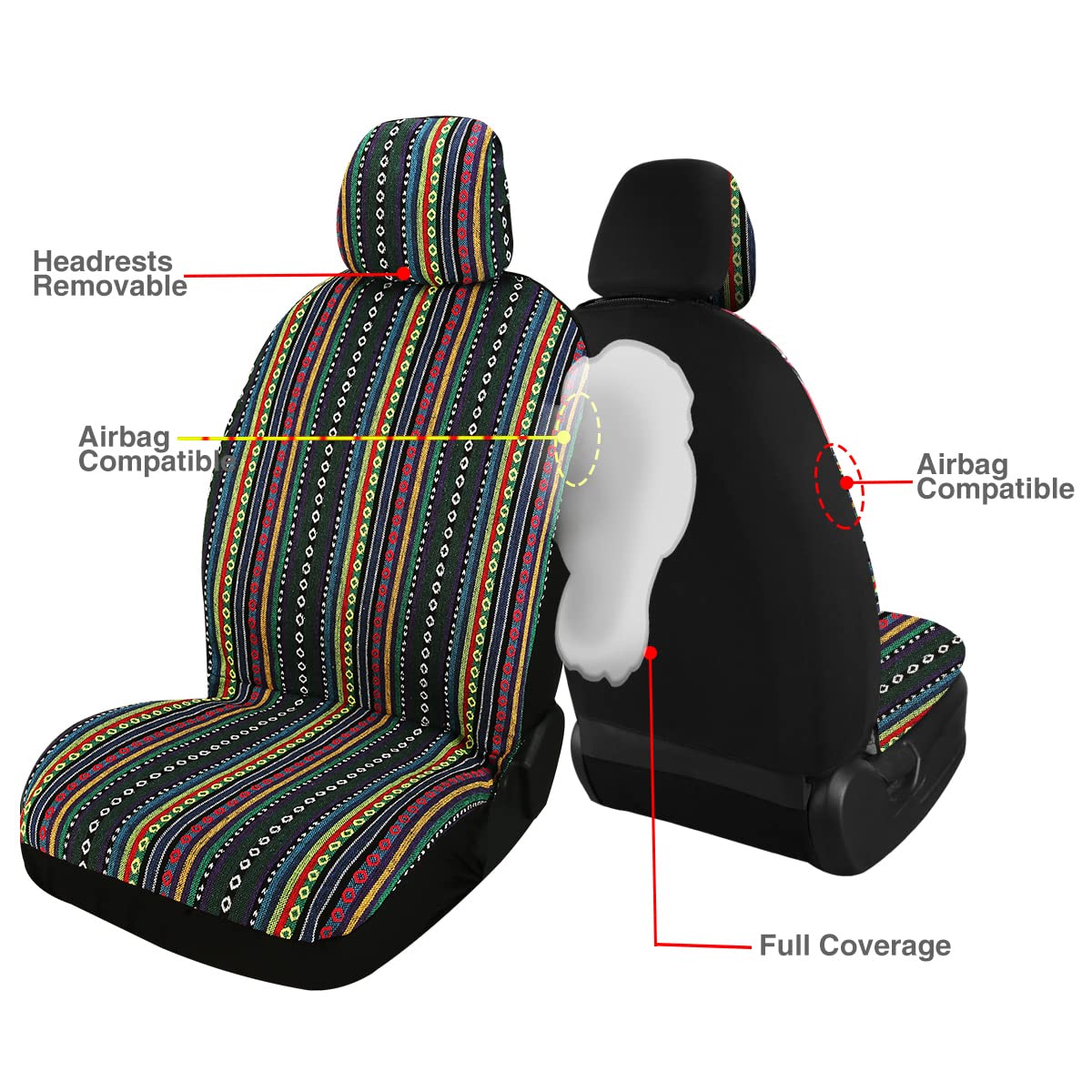 Ponyjoyup Baja Saddle Blanket Car Seat Covers 4Pcs Front, Breathable And Washable Striped Woven Automotive Vehicle Seat Cover, Universal Boho Seat Cover For Sedan, Suv, Truck, Airbag Compatible