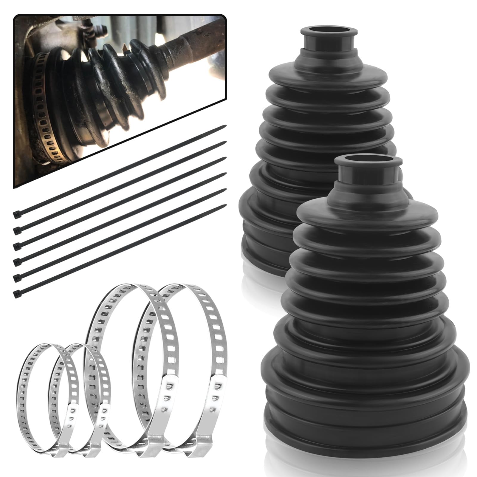 2PCS CV Boot with 4 Stainless Steel Clamps & 6 Cable Ties,Waterproof & Dustproof CV Axle Boot Repair Kit for Protect Axle,Univer