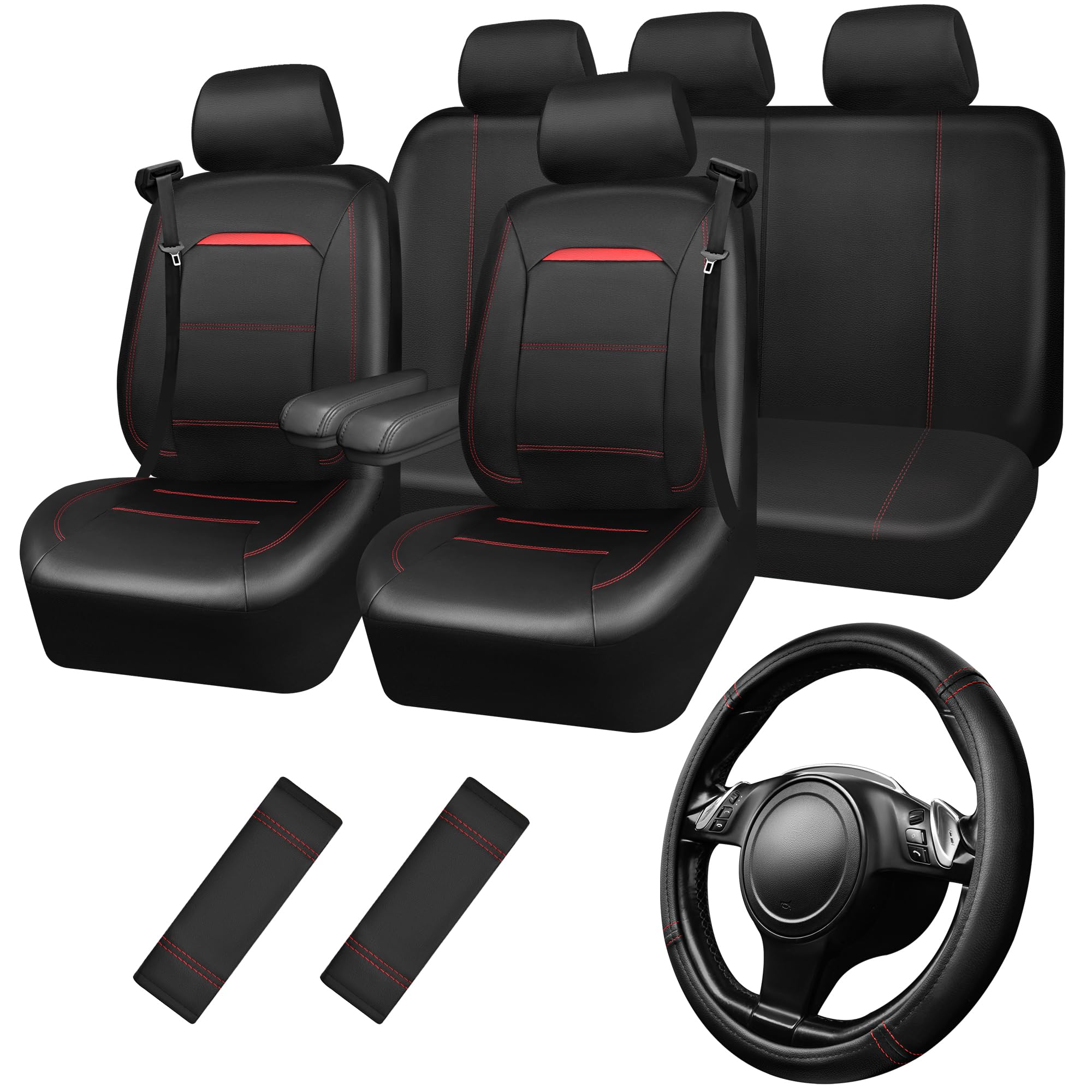 Car Pass Leather Car Seat Cover Full Set With Steering Wheel Cover And 2Pcs Seat Belt Shoulder Pads,For Trucks And Suv With Buil