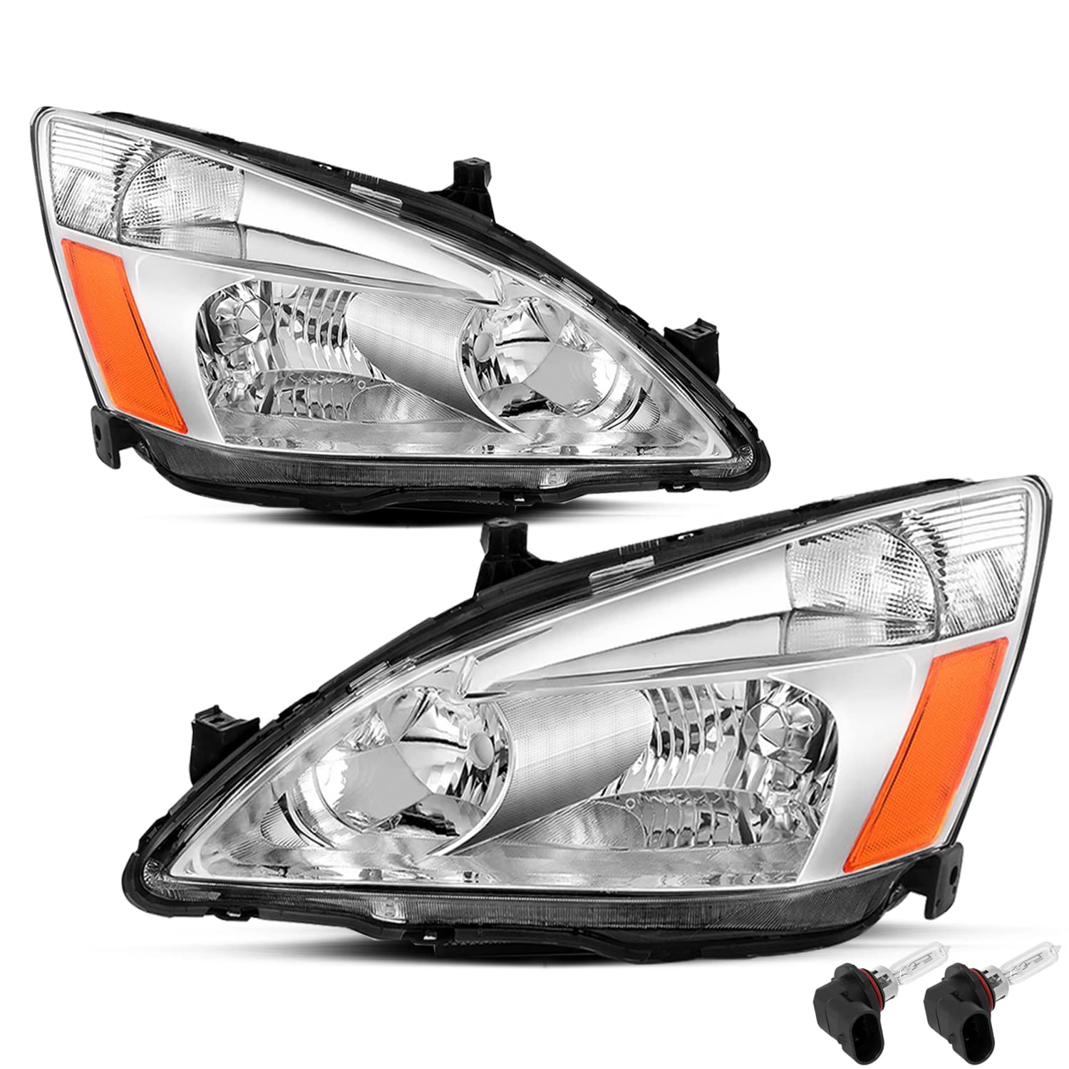 Jsboyat Headlight Assembly Compatible With 2003-2007 Honda Accord Chrome Housing With Amber Reflector Passenger And Driver Side
