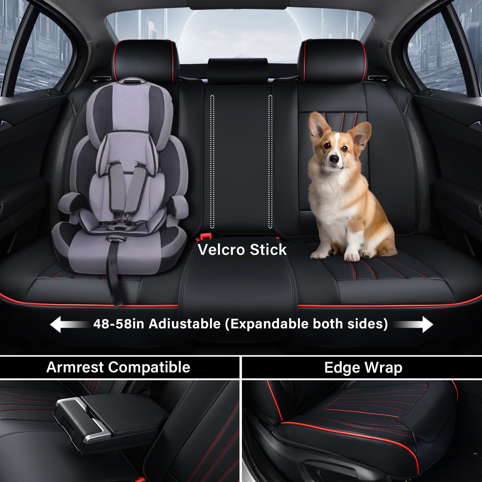 Coverado Car Seat Covers Full Set, 5 Piece Car Seat Protector With Lumbar Support & Removable Headrest, Breathable Leather Front