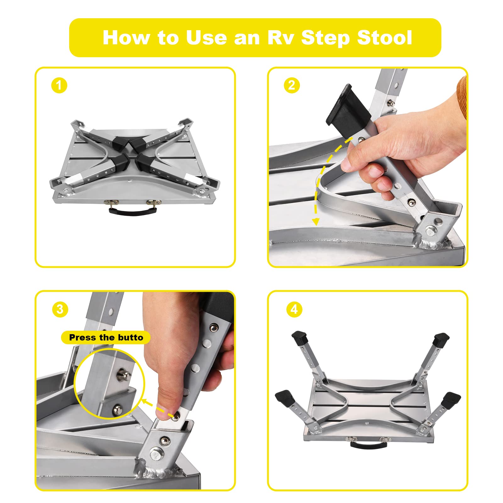 Safety Rv Steps, Yagud Height Adjustable Folding Platform Step With 17 X 12 Anti-Slip Surface, Rubber Feet, Handle, Reflective Strips, And T Level, Aluminum Rv Step Stool Supports Up To 1000Lbs