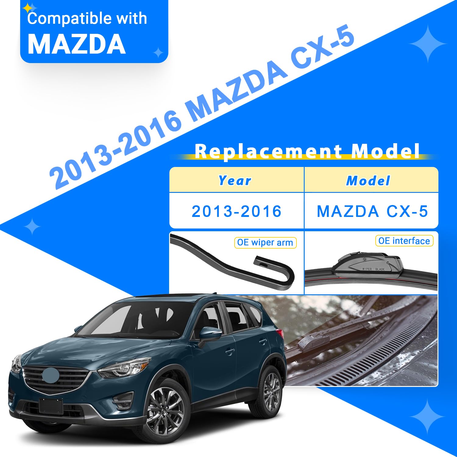 Raintok Windshield Wiper Blade Set Replacement For 2013-2016 Mazda Cx5 Cx-5/2007-2012 Hyundai Santa Fe Original Equipment Replac