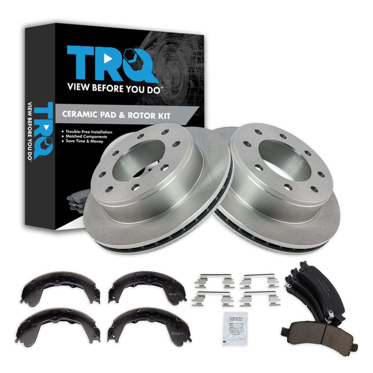 Trq Rear Brake Pad & Rotor Kit Brake Pads Brake Rotor Parking Brake Shoe Set Ceramic Compatible With 2008-2019 Chevrolet Express