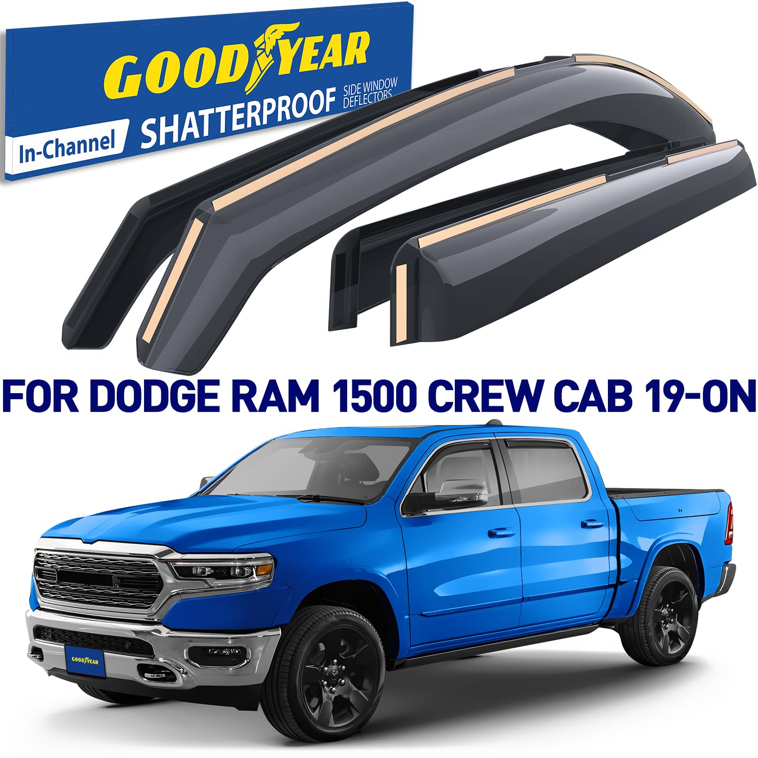 Goodyear Shatterproof In-Channel Window Deflectors For Trucks Dodge Ram 1500 2019-2025 Crew Cab, Rain Guards, Window Visors For