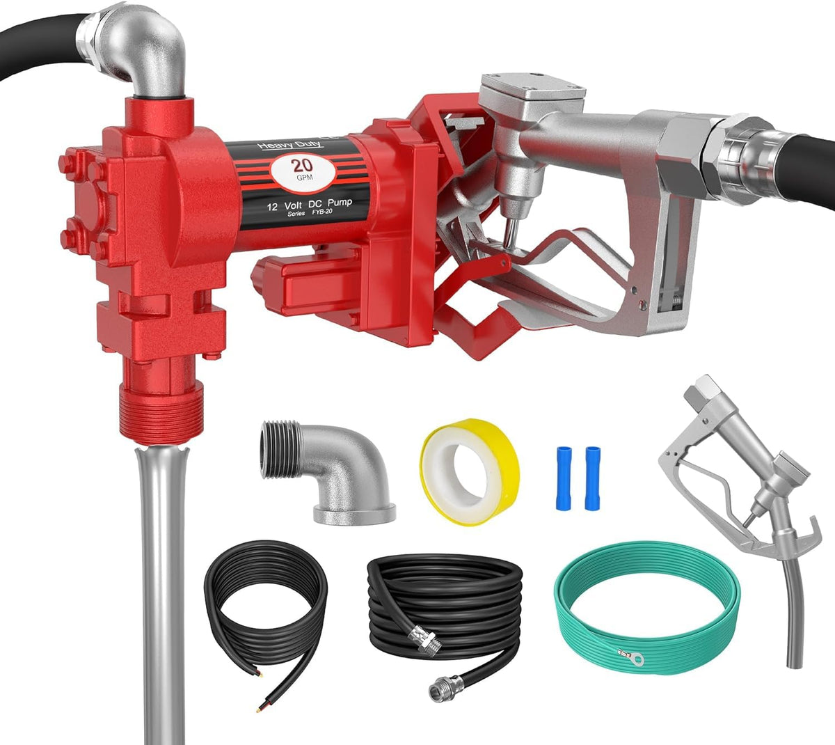Handor 12V 20 GPM Fuel Transfer Pump with Discharge Hose & Manual Nozzle for Oil Fuel Diesel Gasoline Biodiesel Ethanol Methanol