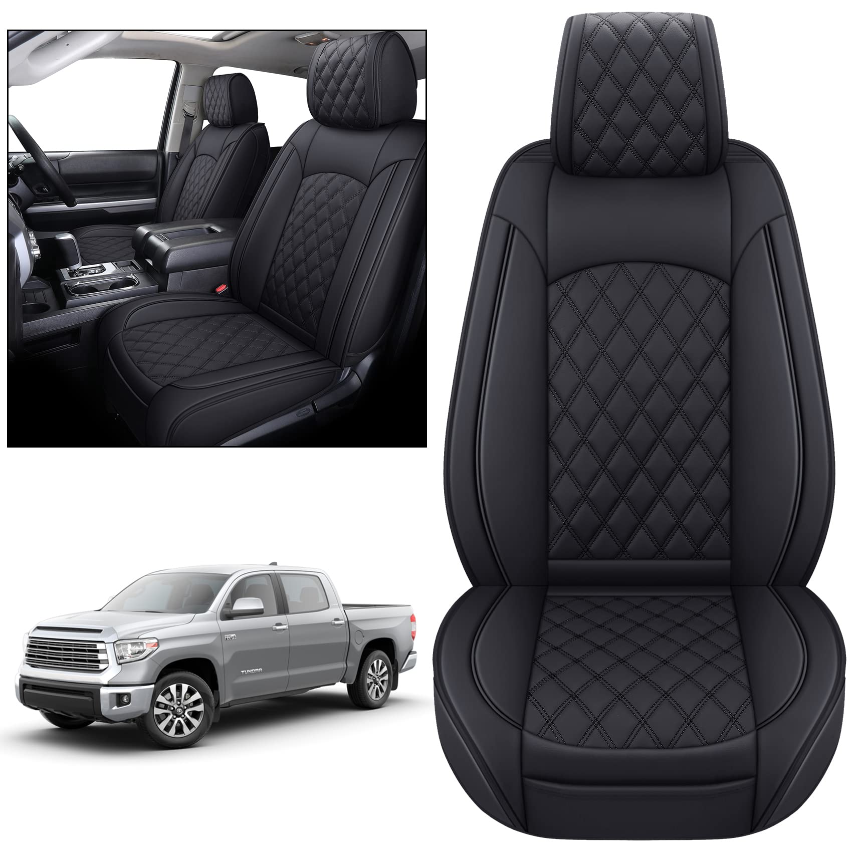 Yiertai Seat Covers Compatible With Toyota Tundra For 2008-2025 Crewmax Double Cab Sr5 Limited Platinum Trd Pro Truck Waterproof Leather Seat Covers(2 Pcs Front Only/Black)