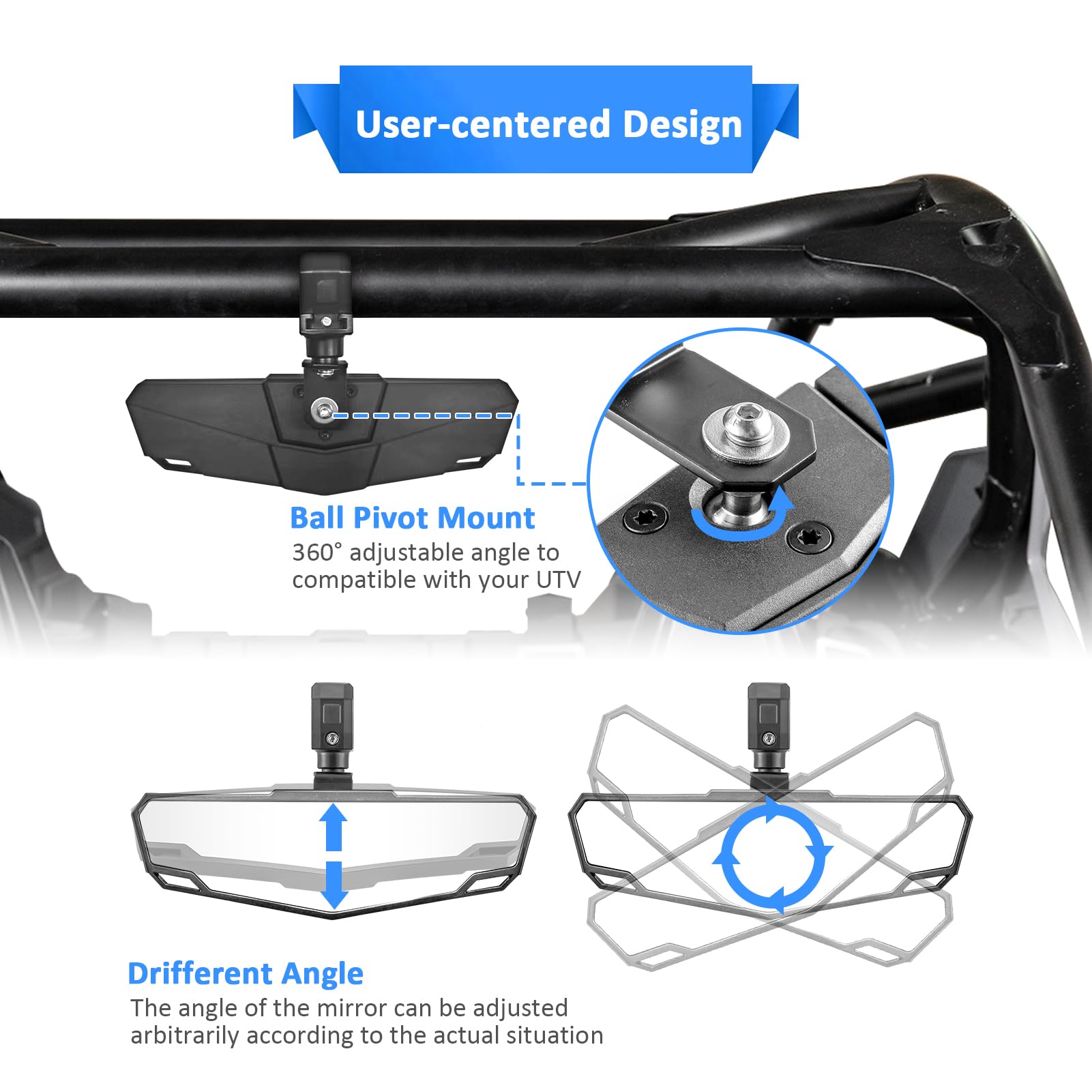 Wsays Utv Center Rear View Mirror Adjustable Angle Fits 1.5-2' Round Roll Bar Rear Center Convex Mirror Compatible With Rzr Maverick Talon Pionner Krx Mule Yxz Wolverine Zforce