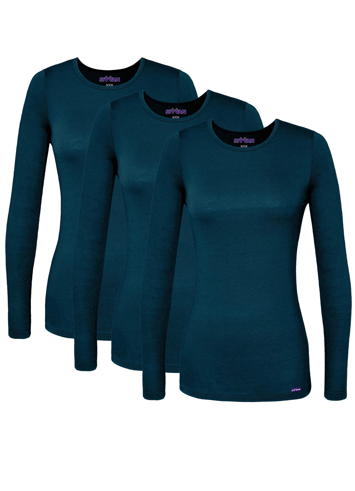 Sivvan Scrubs For Women - Long Sleeve Comfort Underscrub Tee 3-Pack - S85003 - Caribbean Blue - Xs