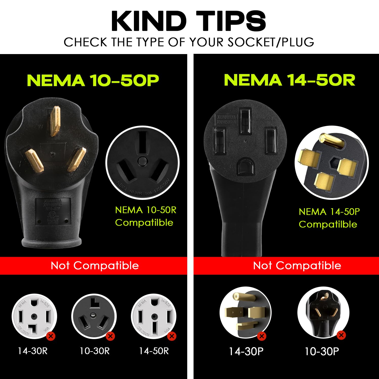 Campzlly Ev Charger Adapter Cord, Nema 10-50P To 14-50R Adapter, 50Amp Plug To 4 Prong Female, Compatible With Ev For Level 2 Ch