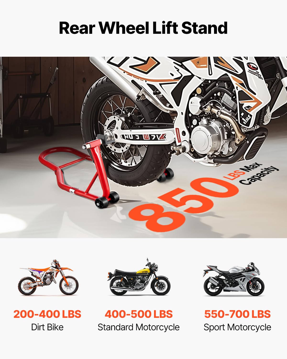 VEVOR Motorcycle Rear Wheel Stand, 850 LBS Load Capacity Heavy Duty Rear Wheel Stand with U + L Fork Swingarm Spool, Adjustabe M