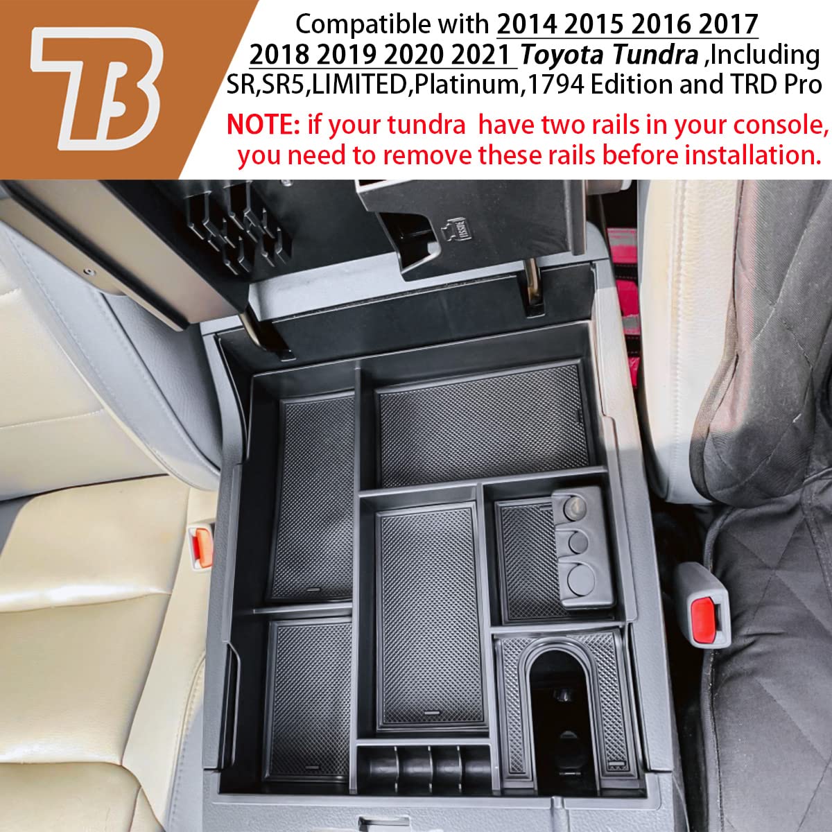 Tacobro Center Console Organizer Compatible With 2014-2017 2018 2019 2020 2021 Tundra Accessories, Crewmax Interior Armrest Underseat Storage Box- Full-Coverage Insert Tray, Black Trim
